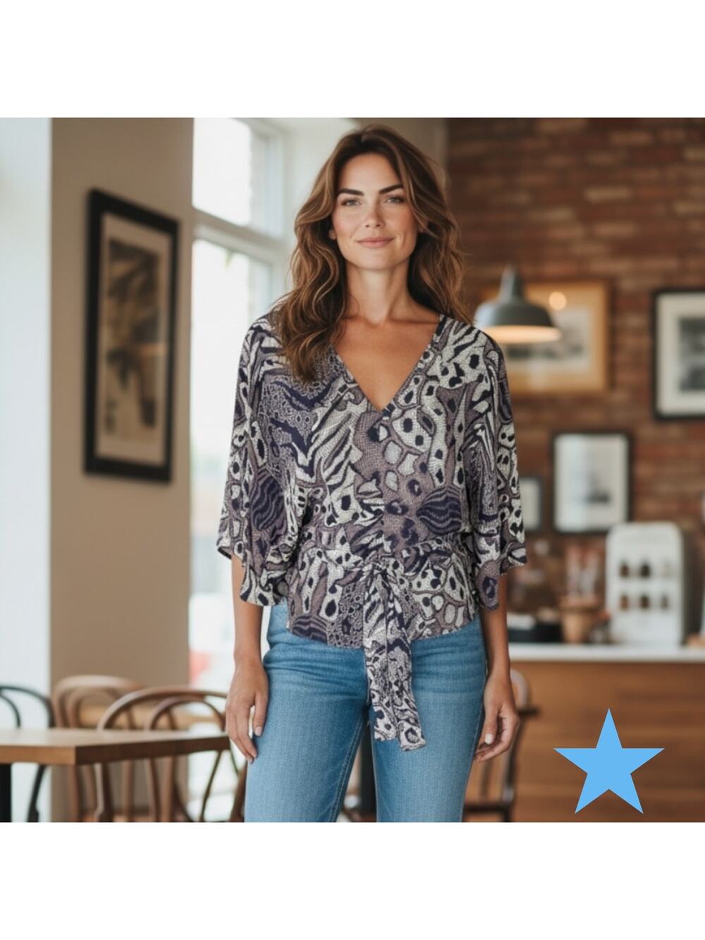 Parker 100% Silk Sz XS 0 2 Kory Navy Blue Silk Print Blouse Top Flutter Sleeve
